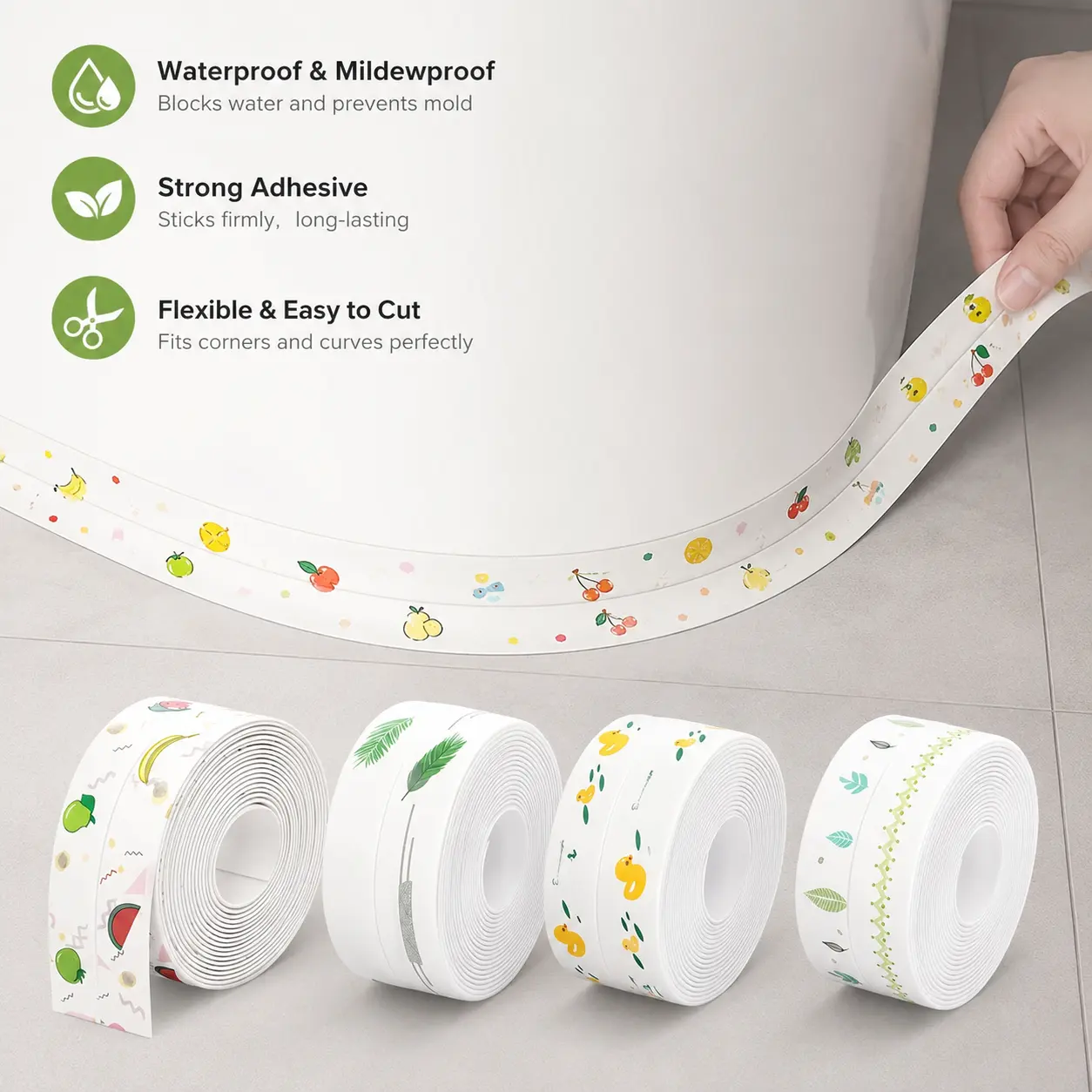 1 Count, Printed Waterproof Anti-mold Sealing Strip, Self Adhesive Oil Resistant Tape for Toilet Sink Stove Wall Corner Household Gaps