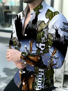 Summer Men's Long Sleeve Button Up Shirt Deer Hunting Camo Print