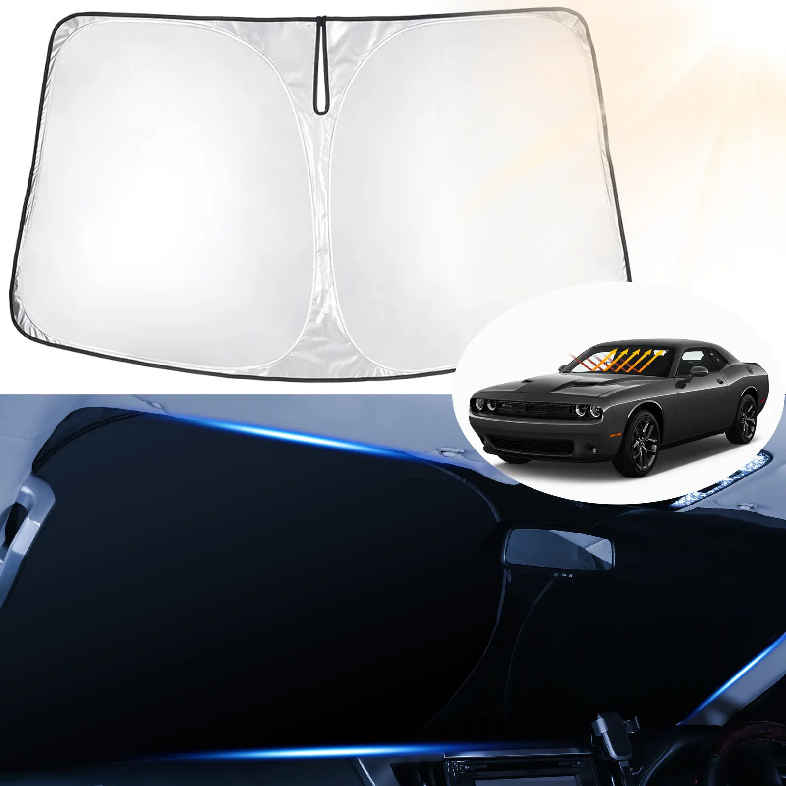 Canvcle Durable Sun Shade - Custom Fit Windscreen Shade Cover for 2015-2023 Dodge Challenger Coupe (SRT Hellcat, Redeye, GT, RT, TA, Widebody, SXT, RT Scat Pack) Exterior Accessories, UV Protective Foldable Front Window Device, 99% Blocking