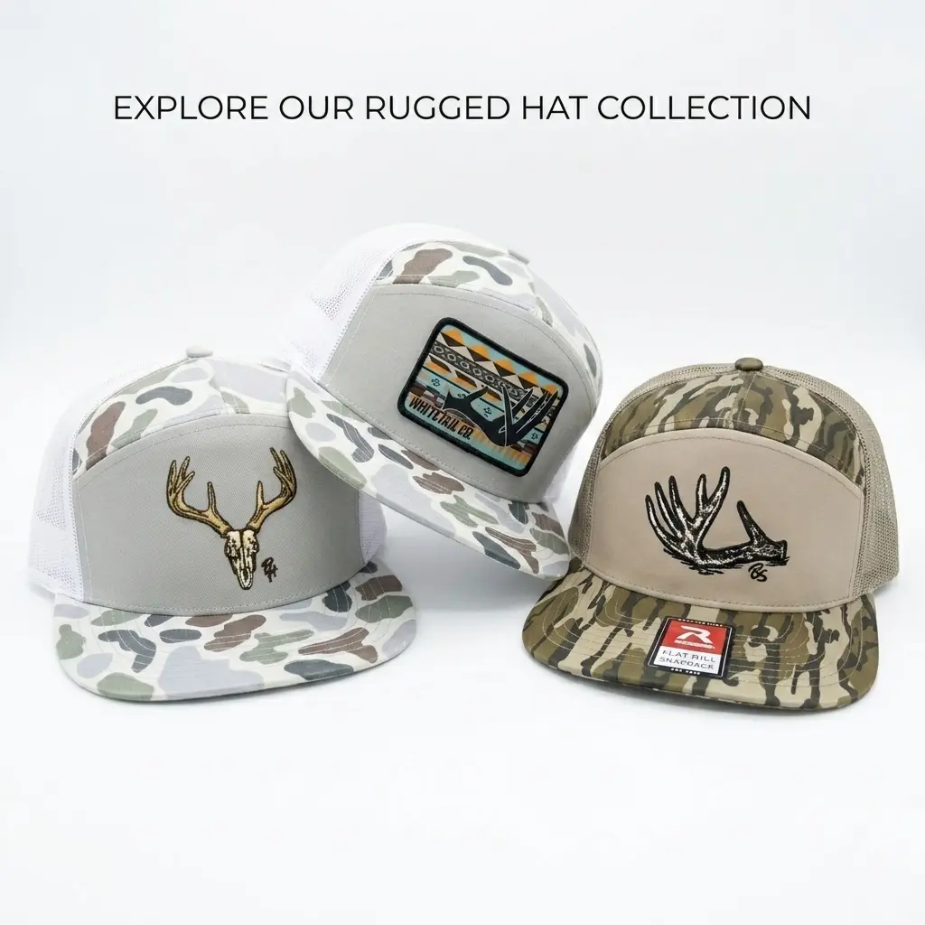 LIMITED STOCK Premium Rugged Hunting Hat Collection (3 Styles) Vintage Deer Skull • Whitetail Co. Outdoor Patch • Antler Embroidered Mesh Snapback Hats | Premium Hunting Camo Trucker Caps for Men & Women | Outdoor, Fishing, Ranch & Country Lifestyle