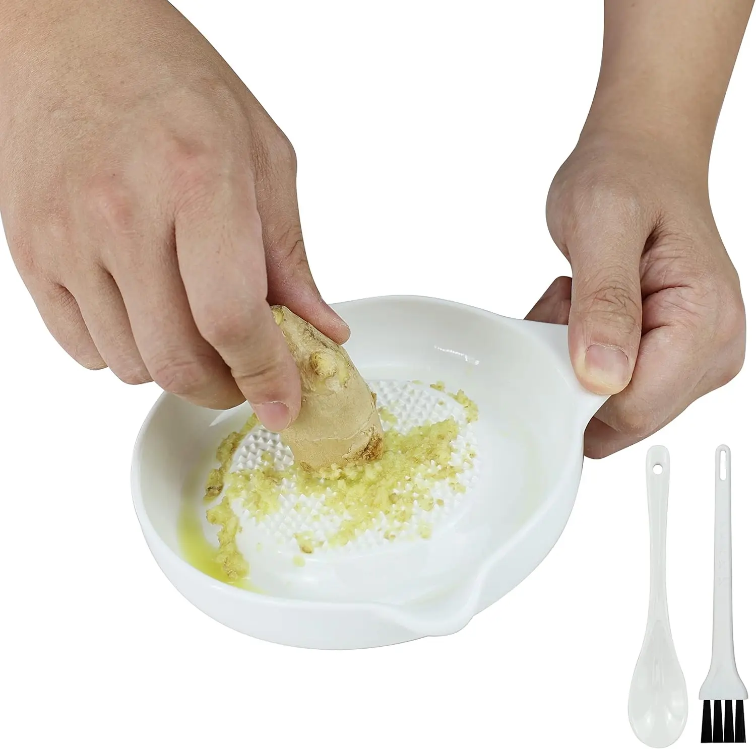 Ceramic Ginger Grater with Spoon & Brush for Grinding Wasabi, Garlic, Cheese, and Vegetables – Kitchen Utensils
