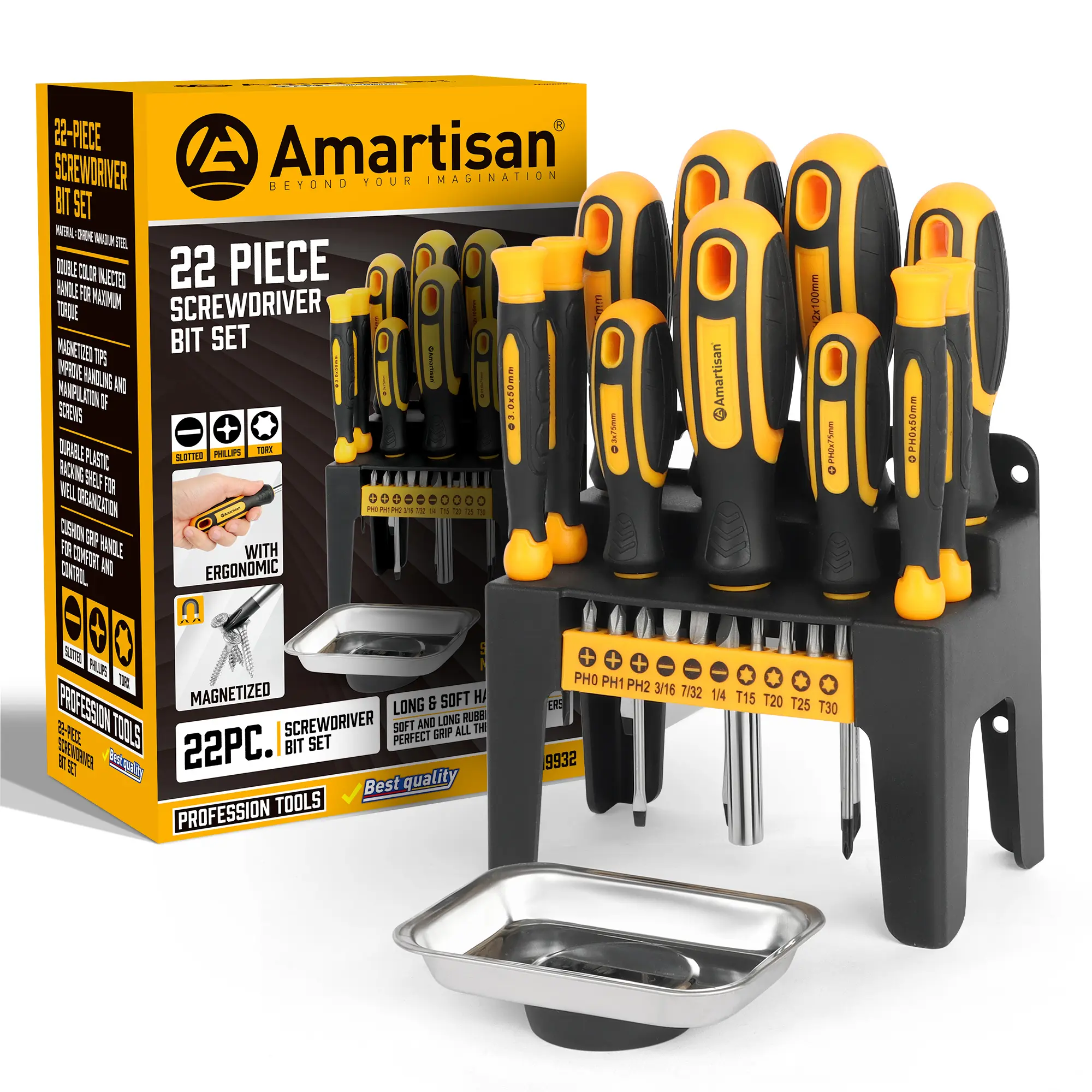 22-piece Screwdriver Set, Phillips and Flathead Screwdrivers, equipped with ten bits and a magnetic disk.