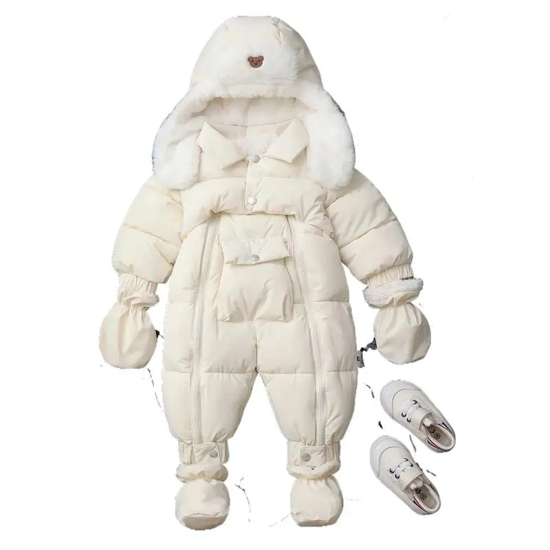 Boys' Plain Solid Polyester Fleece-Lined Hooded Jumpsuit, Full-Length Long-Sleeve Warm Winter Snowsuit for Infants, 1-2Y