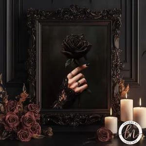 Gothic Black Rose Oil Printing Print, Romantic Wall Art, Victorian Witchy Aesthetic Poster, Lace Hand, Dark Academia Home Decor, Unframed, Room Decor
