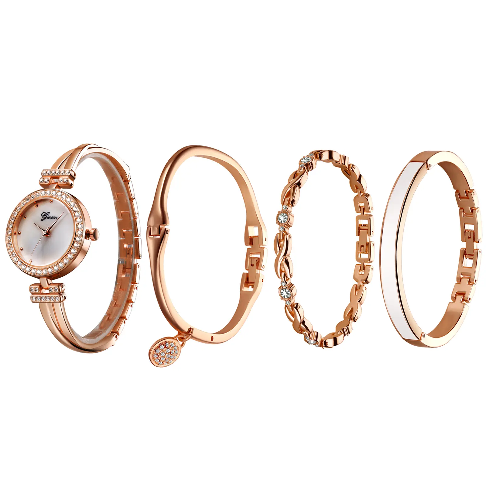 OIDEA Women's 4-Piece Stacked Bangles + Watch Set - Round Dial Quartz Timepiece with Clean Dots, 19cm (7.47") Bangle Bracelet for Daily, Casual Occasions
