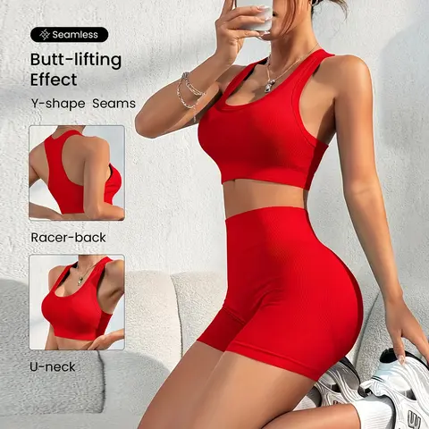 Women's 2-Piece Workout Set - Seamless Ribbed High-Waist Shorts, Racerback Sports Bra & Tank Top, Stretchy Tummy Control Butt Lifting Gym Apparel, High Waisted Sportswear for Yoga & Gym, Workout Sets Women