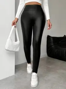 Women's PU High Waist Skinny Leggings, Casual Slimming Fit Long Pants for Daily Commute, Versatile Outerwear Leather Pants