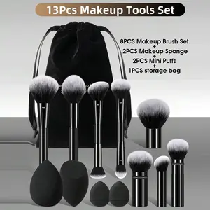 13PCS All-In-One Travel Makeup Kit with 8pcs Makeup Brushes 2 Dual-Ended 4 Retractable 2 Daily 4pcs Air Cushion Puffs Velvet Dust-Proof Pouch Beginner-Friendly Design Perfect Gift For Newbies & Holiday Travel, Cosmetic, Travel-Ready