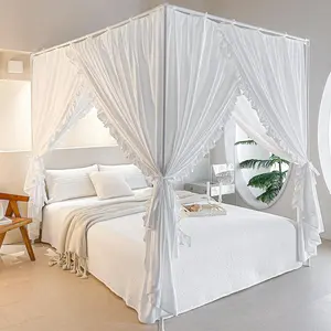 Princess Canopy Bed Curtains with Tie Tops, Windproof and Lightproof, for Girls and Adults Bedroom Decoration, Bed Canopy Curtains (Queen, White)