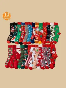 Christmas Crew Socks Set, 10 Pairs Mixed Colors, Cartoon Design, Fitted Medium-Thick Warm Winter Socks for Men & Women