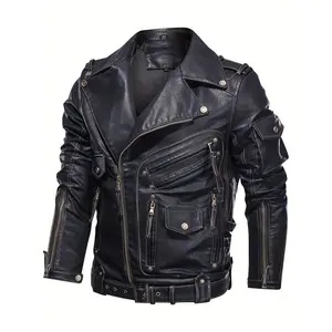 Men's Retro Biker Jacket - Stylish Black, Loose Fit, Durable Polyester, Multiple Zippers & Studded Details for Spring & Fall