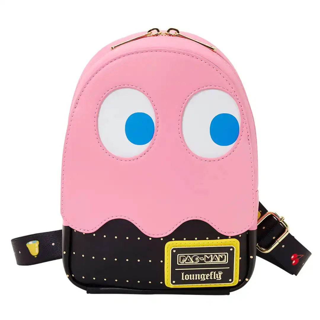 Loungefly Sling Bag, Pac-Man Pinky Ghost Faux Leather Messenger Bag, Glow in the Dark Graphic Crossbody with Adjustable Strap, Messenger Bags
