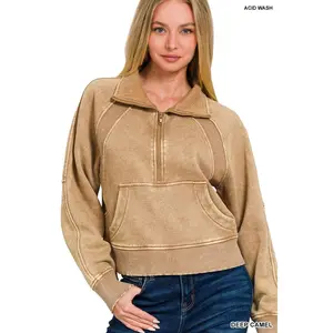 Womens Acid washed half zip fleece pullover kangaroo pocket