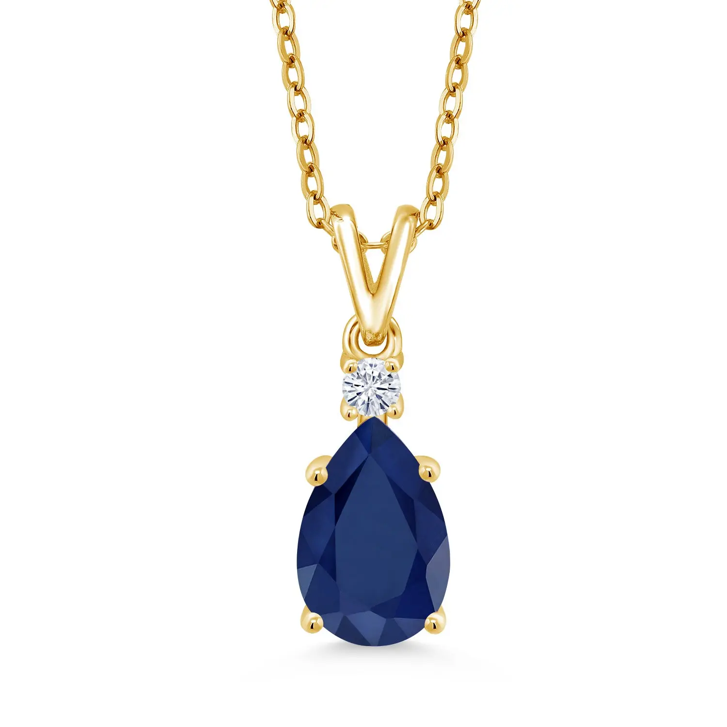 18K Yellow Gold Plated Silver Blue Sapphire and White Moissanite Pendant Necklace For Women | 2.23 Cttw | Pear Shape 10X7MM | With 18 Inch Chain