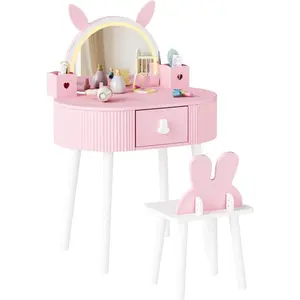JOYMOR Kids Vanity with Lights Girls Vanity Set w Touch Screen Solid Wood Leg 1 Drawer 2 Storage Boxes Pretend Play Kids Vanity Table and Chair Set Pink Interactive Rabbit Mirror