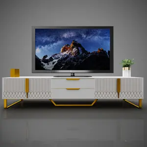 Luxury TV Stand for 75 Inch TV, Modern Entertainment Center, TV Console with Storage Cabinets, Carve Design TV Stand with Metal Legs, Large Storage Space Modern Entertainment Center Suit for Living Room, Bedroom, White