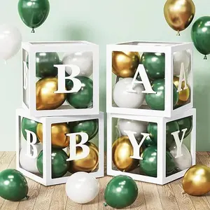 Baby Boxes for Baby Shower Decoration with 4pcs Transparent Clear Balloon Boxes Blocks and 36 White Sage Green Gold Balloons for Boy Girl Birthday Party Backdrop