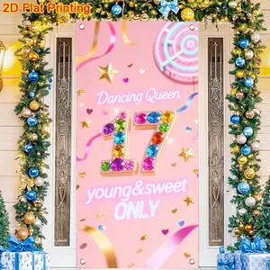 2D Door Banner 1pc 17th Birthday Dancing Queen Party Banner, Colorful Door Decoration with Sparkling Numbers, Stars, 35.4x70.8 Inches, Indoor/Outdoor Use, Polyester Material, Birthday Party Decorations, Party Decoration Supplies