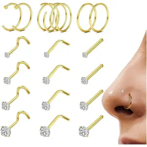 18Pcs Nose Rings Studs - 316L Surgical Steel Gold Nose Studs Double Hoop Nose Ring for Women Men 18G/20G Nose Rings Stud Hypoallergenic Nose/Body Piercing Jewelry 1.5mm 2mm 2.5mm 3mm CZ