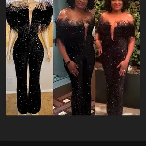 Feather off the shoulder Sequin jumpsuit