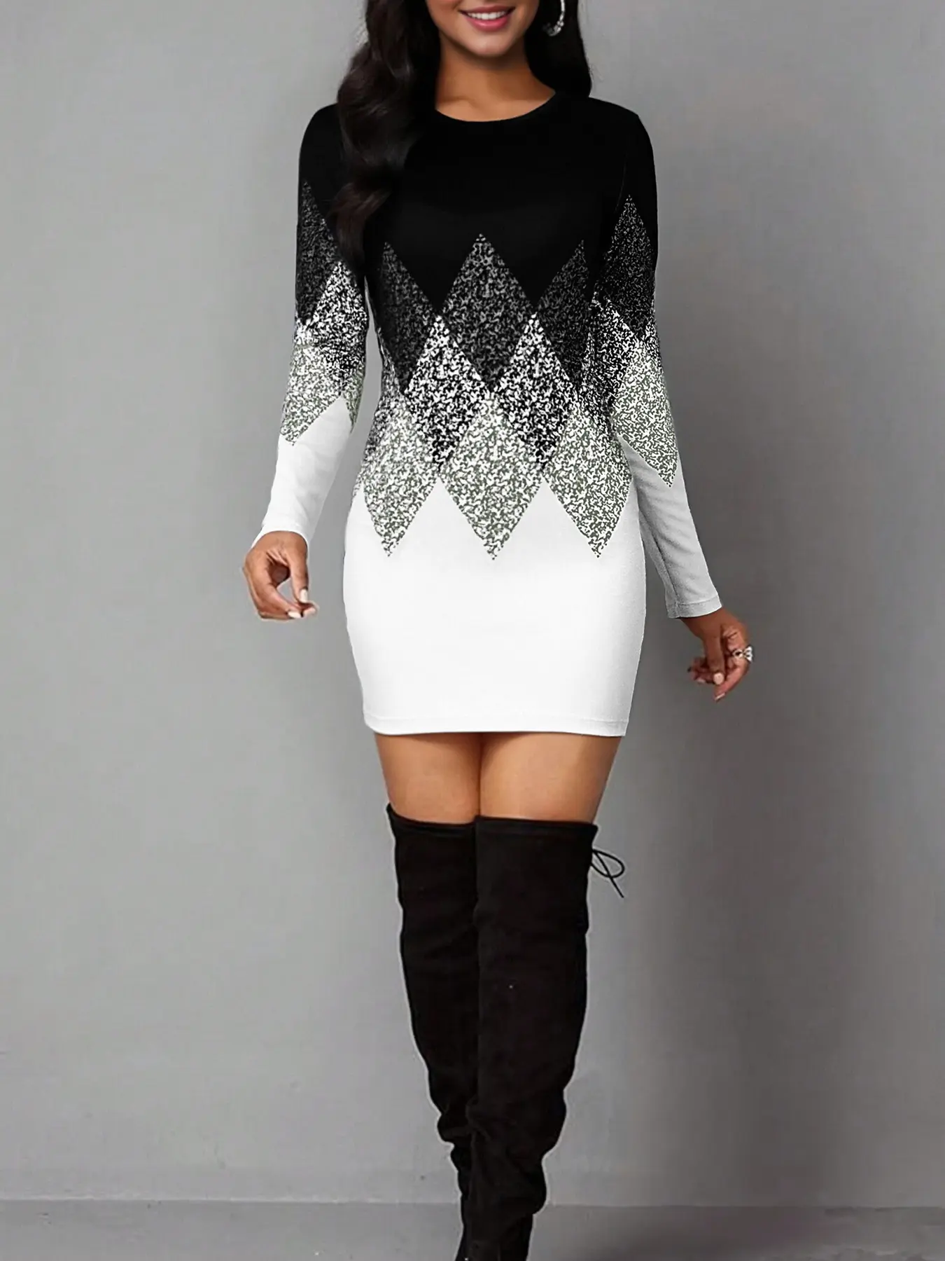 Women's Vintage Geometric Print Casual Long Sleeve Dress, Elastic Polyester Blend Backless Mini Tight Fit, Perfect for Daily Wear, Christmas New Year,Perfect holiday gift
