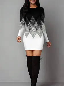 Women's Vintage Geometric Print Casual Long Sleeve Dress, Elastic Polyester Blend Backless Mini Tight Fit, Perfect for Daily Wear, Casual Everyday Wear, Christmas New Year,Perfect holiday gift