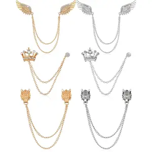 6-pcs Men's Tassel Chain Brooch Collar Pin, Wedding Brooch Pin, Wing Wolf Head Crown Design, Suit Shirt Dress Accessories, Suitable for Weddings, Anniversaries, Halloween, Birthday Parties, and Office Use