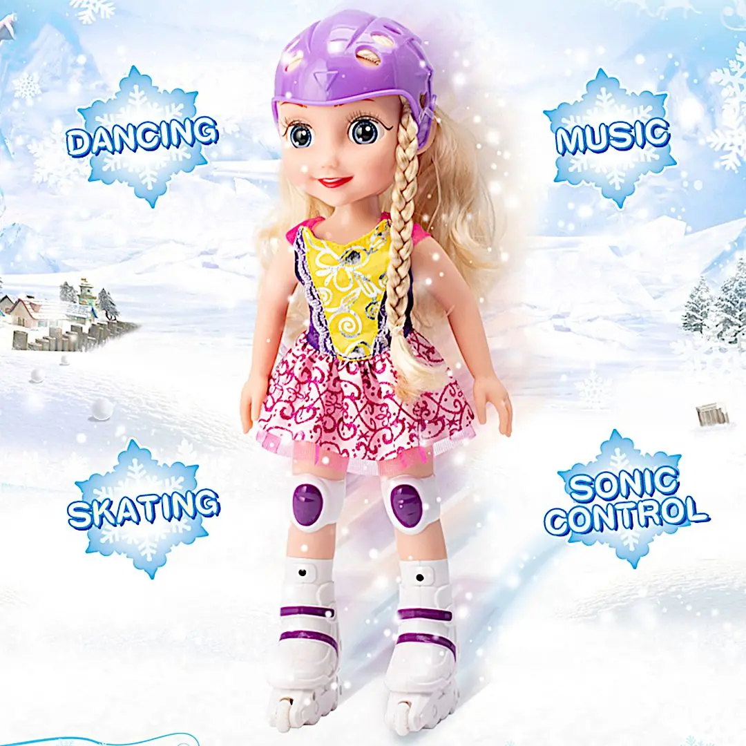 Skating Princess 14" Dancing Doll Blading Skates Inline Roller Girl Interactive auto Retreat Baby Sonic Control Fashion Dress Blonde Beauty with Music