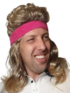 Mullet Wig 80s Vintage Rocker Long Blonde Brown Party Tennis Costume Pink Headband Included  (Black)