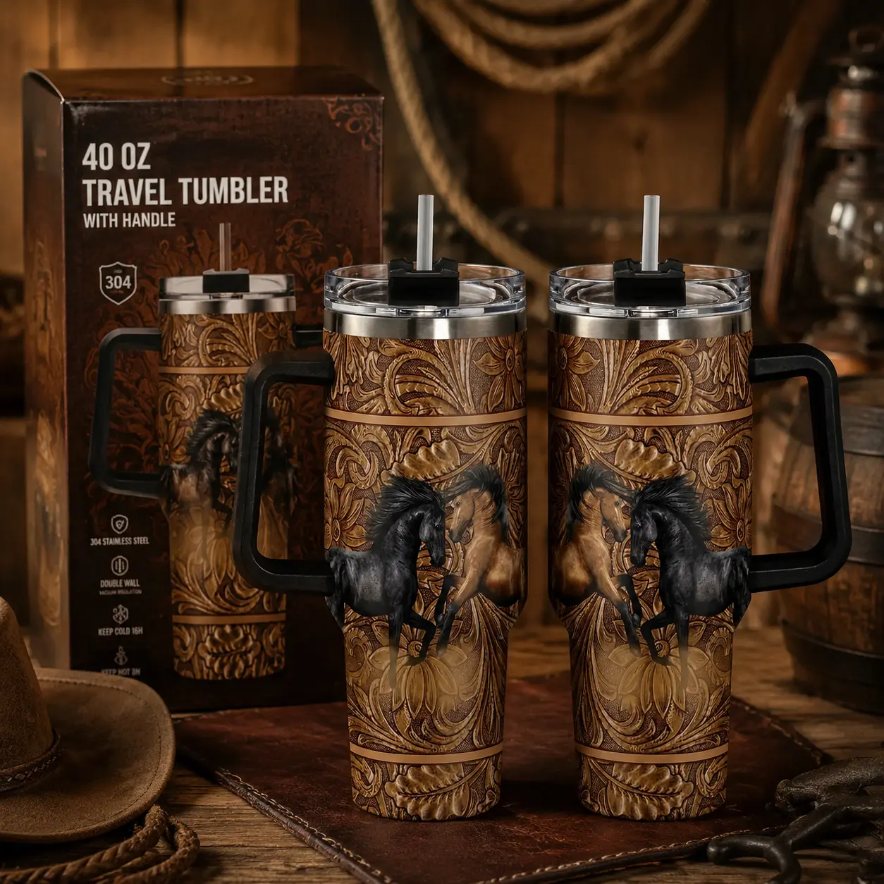 Horse Pattern Stainless Steel Tumbler, 40oz Insulated Durable Water Bottle, Perfect Gift for Horse Lovers and Equestrians, Great for Hot or Cold Beverages, Drinkware, Insulated Travel Drinkware
