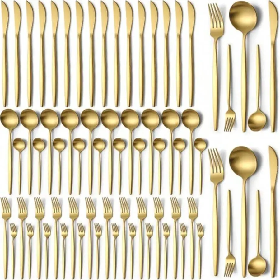 OdinsMane 60pcs Deluxe Golden 410 Stainless Steel Cutlery Set, Portugal Western Cutlery Set With Knives, Forks And Spoons, 12pcs Mirror Polished Silverware Set For Weddings, Parties, Birthdays And Gatherings