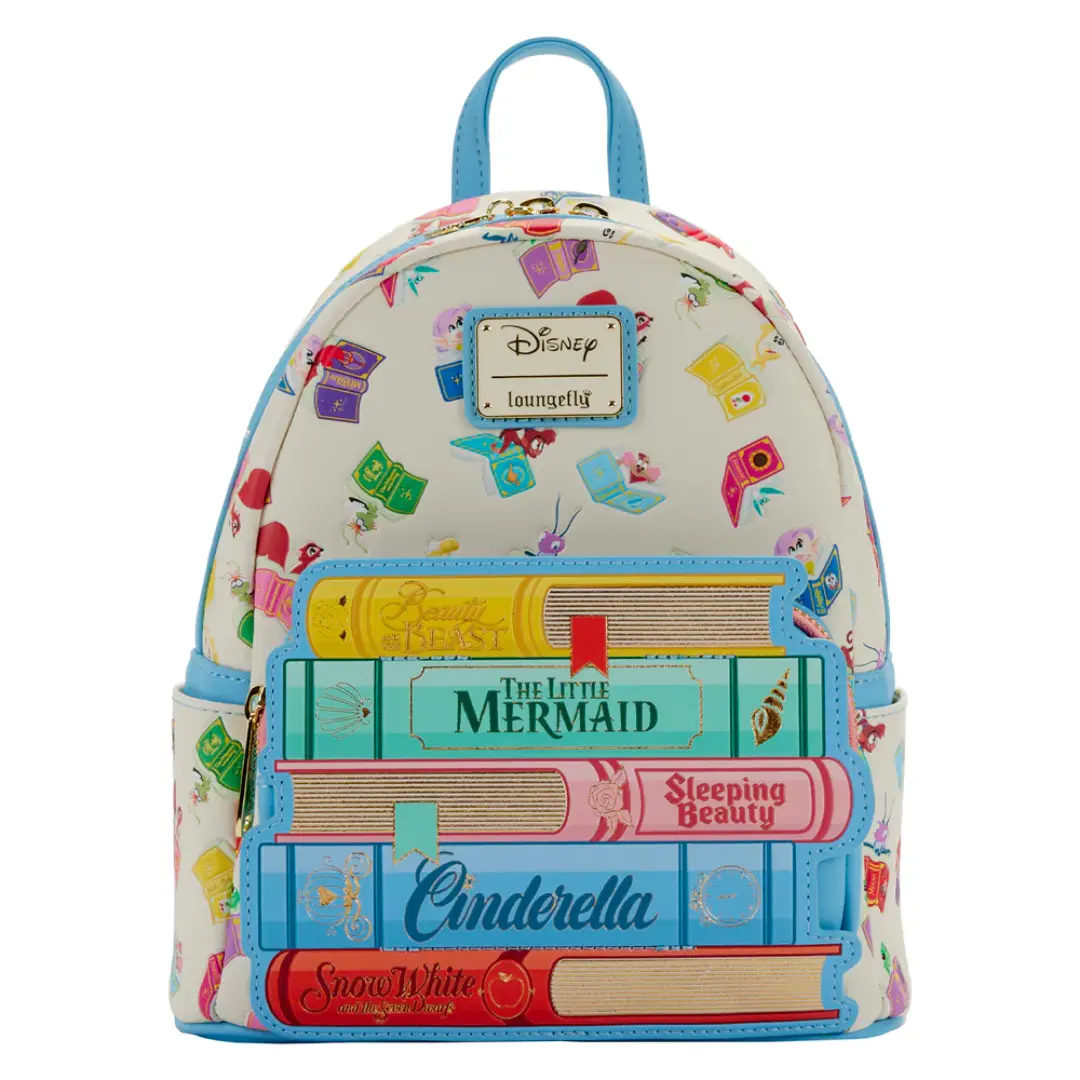 Women's Mini Backpack with Classic Princess Books Print in Vegan Leather, with Adjustable Straps & Enamel Charm