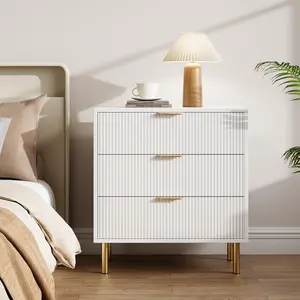 Modern 3 Drawer Dresser Wood Chest Of Drawers Fluted Clothing Storage Organizer Wide Nightstand Media Console Table With Gold Base Sturdy Metal Legs Storage Cabinet For Bedroom Living Room Entryway Black White Natural
