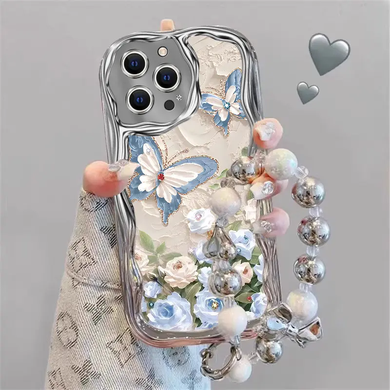 blue butterfly Flowers Phone Case for use with iphone 17 air 16 pro max 15 plus 14 pro 13/12/11 X/XS XSMAX Romantic artistic CottageCore Satisfying phone cases latest viral phone case Electroplated
