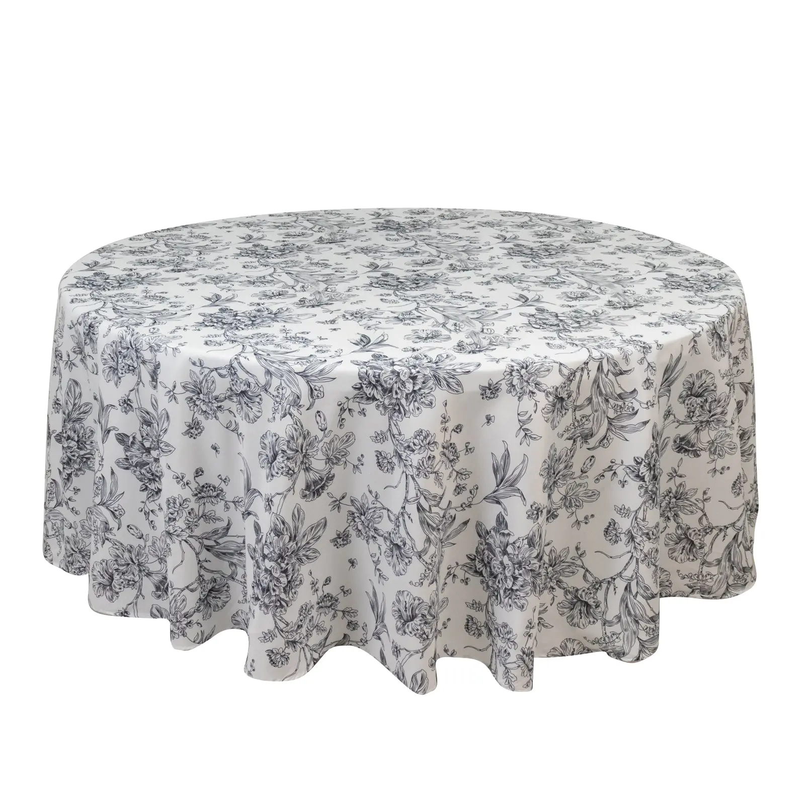 108" Round White-Black French Toile Polyester Tablecloth - Machine Washable, Outdoor Safe, Portable Tabletop Cloth for Weddings, Outdoor Table Ceremonies, Wedding