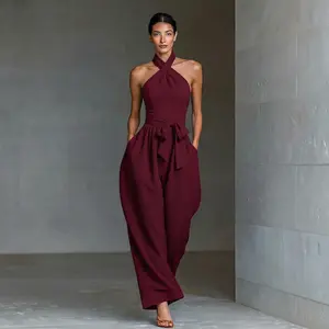 MG1 New Arrival Women's Sleeveless Halter Tie Pure Color Long Pants with Pockets, Backless Halter Sexy Slim Jumpsuit, Summer Cross Strap Vest Wide Leg Pant, Tie Front High Waist Jumpsuit, Stylish Belted Waist Design, Fashionable Solid Color Jumpsuit