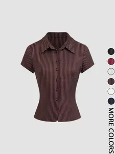 Women's Plain / Striped Print Button  Shirt, Casual Slim-fitting Short Sleeve Collared Top for Daily Wear, Ladies Clothes for All Seasons