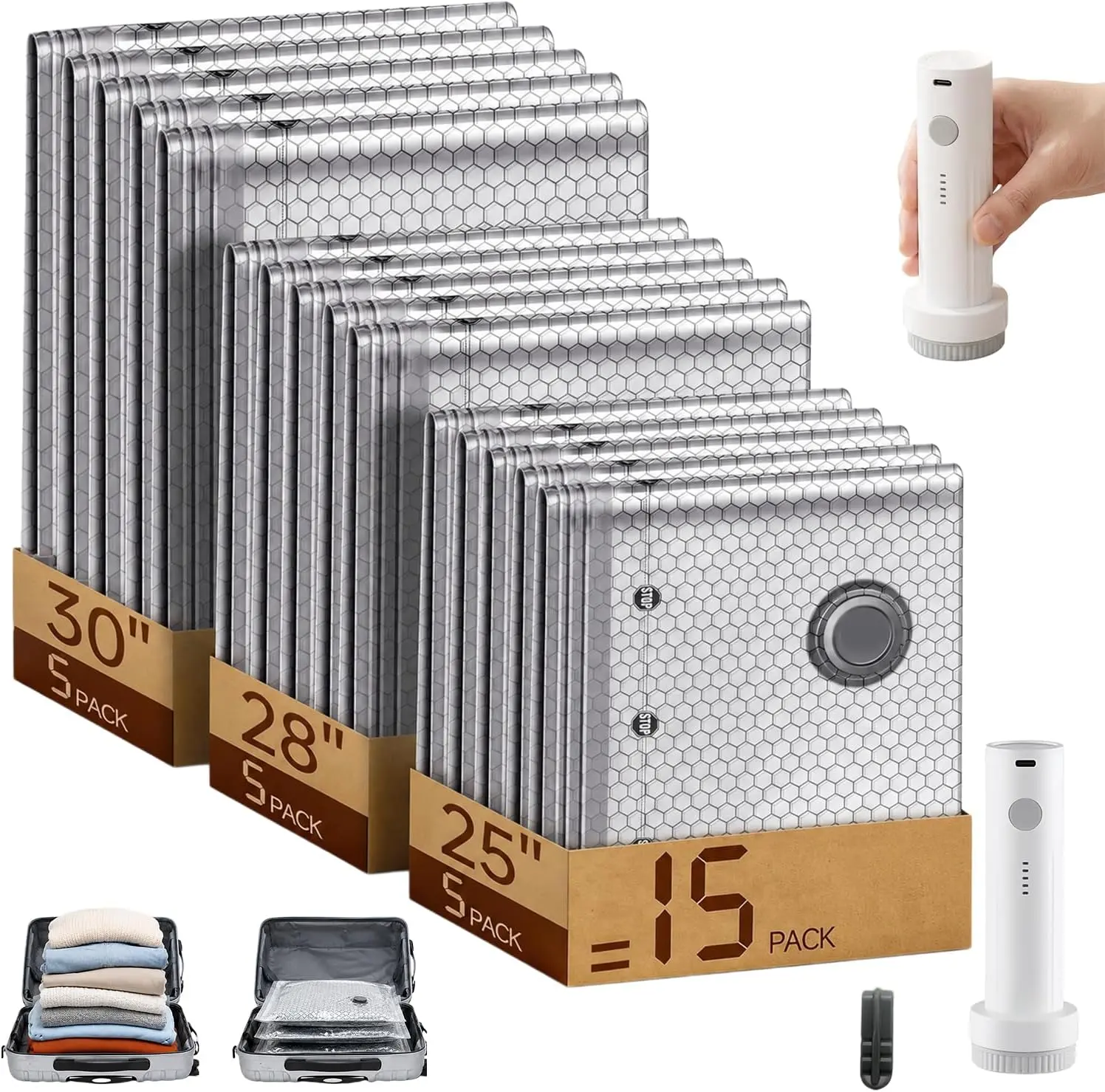 【Summer vibes】2026 Upgraded Cordless Travel Vacuum Bag Kit with Rechargeable Air Pump, 15-Pack Carry-On Luggage Organization Bags, Degradable for Greener Packing, Dustproof Storage for Suitcases (Memorial Day Deals)