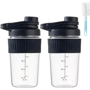 16oz Glass Shaker Bottle for Protein 2 Pack Small Borosilicate Glass Protein Powder Leak-Proof Shaker Cup Mixes with 304 Blending Ball(16oz,Black)