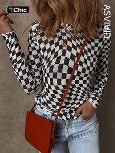 women's checkered mesh mock neck long sleeve top, stylish fitted for all season, ladies casual clothes