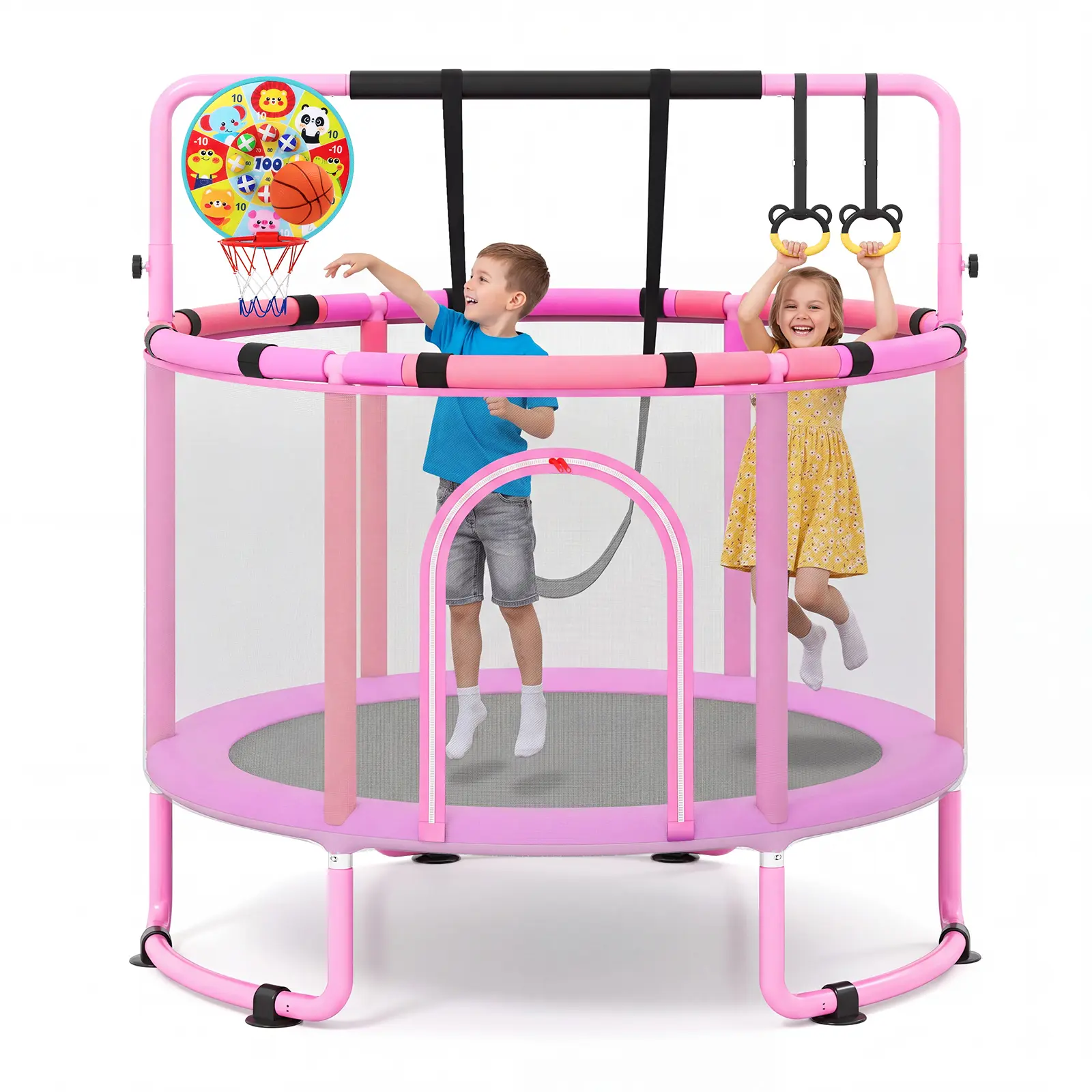 COSTZON Toddler Trampoline with Enclosure, 6 in 1 Kids Trampoline with Swing, Adjustable Gymnastics Bar, Rings, Basketball Hoop/Dart Board, Seamless Indoor Trampolines for Boys Girls