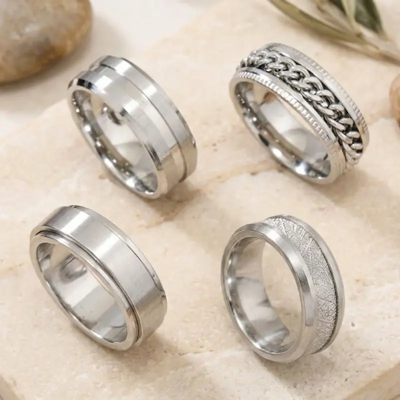 4PCS Men's Street Style Textured Design Ring, Statement Ring, Vintage Stainless Steel Ring Set, Fashion Jewelry Accessories for Men & Women