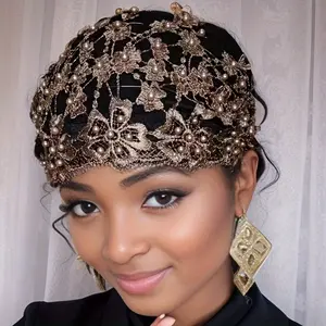 Elegant Beaded Lace Turban Hat for Women - Polyester Jacquard Elastic Headscarf with Drawstring Closure, Dry Clean Only, Featherless, Versatile Style for Ramadan, Chemotherapy, Eid al-Adha & Casual Attire, Christmas, gifts