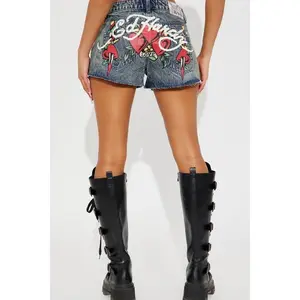 Ed Hardy Queen Of Hearts Cut Off Denim Shorts - Vintage Wash F