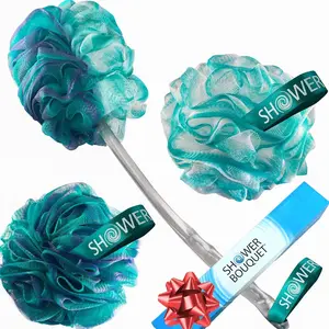 2-Sided Loofah Back Scrubber & Bath Sponge Set with Long Handle Brush & 2 Extra-Large Soft Mesh Poufs for Men & Women Exfoliate with Full Pure Cleanse in Bathing Accessories