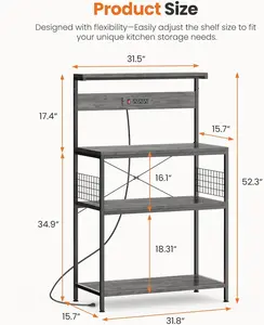 Kitchen Cabinets Kitchen Bakers Rack with Power Outlet, Coffee Bar Table 4 Tiers Shelf Organizer, Microwave Oven Stand Station, Adjustable wooden bottom Storage Shelf Freestanding Appliance Organizer - 31.5 Inch, home furniture Gray