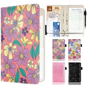 Server Book with 2 Zipper Pockets, Leather Floral Cover Server Book Organizer for Waitress, Cute Waiter Book  Wallet with Pen Holder, Guest Check Presenter, Restaurant Waitstaff Organizer