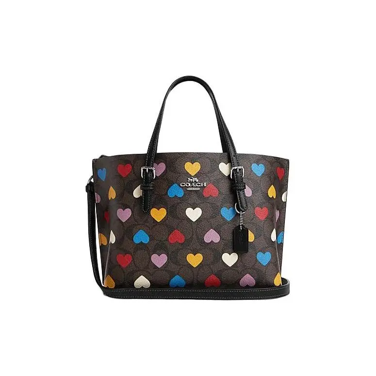 COACH Classic Monogram Heart-Print Hardware-Trimmed Leather Tote Bag for Women, Casual Style in Brown