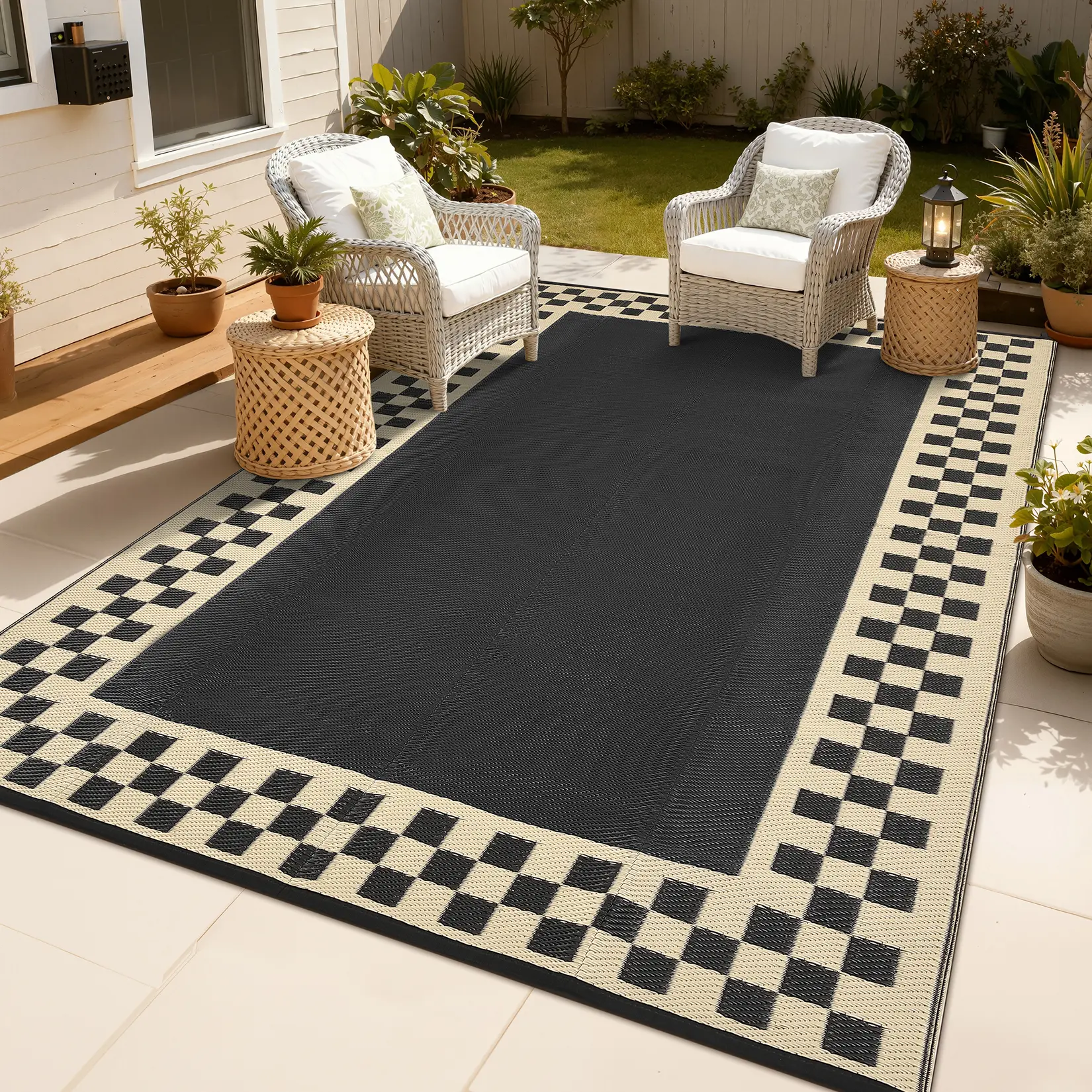 Outdoor Bordered Rug Washable Plastic Straw Rug for Balconies, Terraces, Beaches, RVs, Picnics and Pools - Versatile, Durable, and Stylish