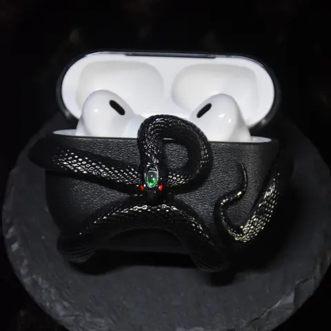 Aura 999999 Leather Earphone Protective Cover - Black Dragon with Green Eye Detail, Anti-Drop Protection, Snug Fit, Anime-Style Flair - Compatible with AirPods Pro2, Pro, 4, Gift for Anime Lovers